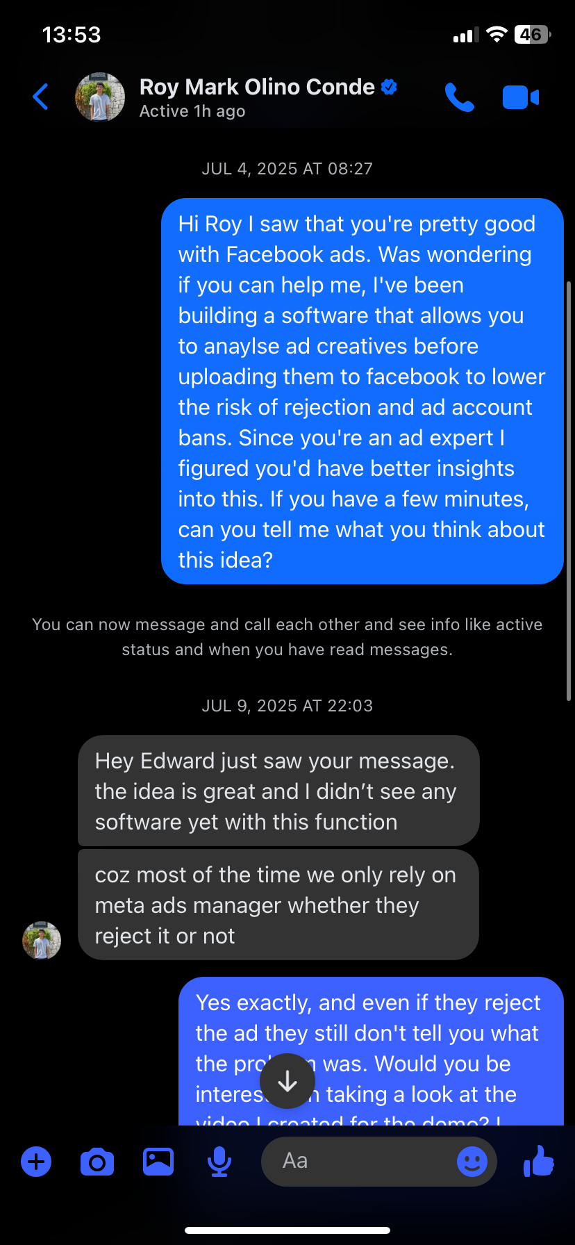 Media buyer validation feedback from Roy Mark Olino Conde - The idea is great and I didn't see any software yet with this function... most of the time we only rely on meta ads manager whether they reject it or not.